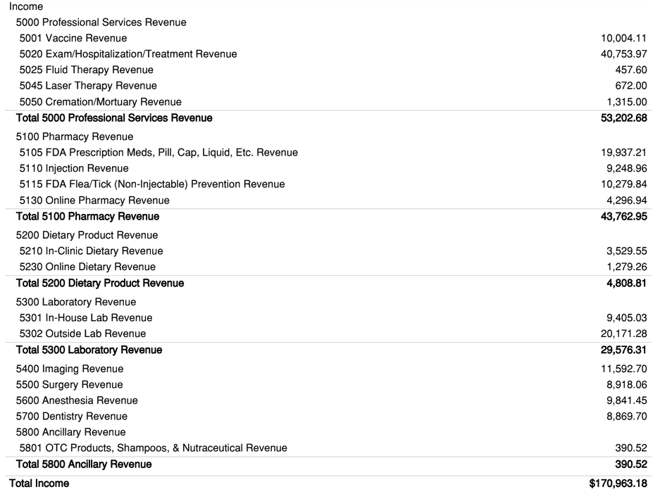 Income or Revenue Section of Vet Practice P&L
